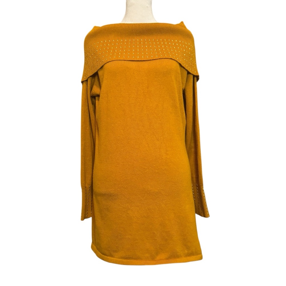 Questions Sweater Size L Mustard Yellow Ribbed Bardot Off-Shoulder Long Sleeve